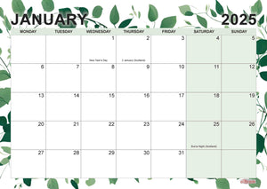 A4 Green Leaves 18 Month Calendar